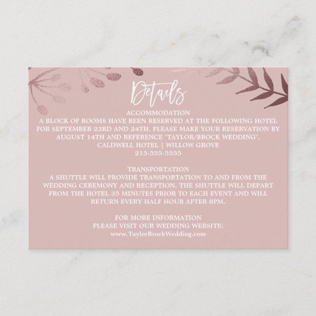 Elegant Rose Gold and Pink Wedding Details Card (Front)