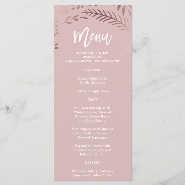 Elegant Rose Gold and Pink Wedding Menu Card (Front)