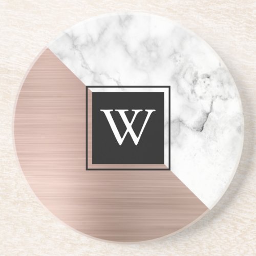 Elegant Rose Gold and White Marble Monogram Coaster