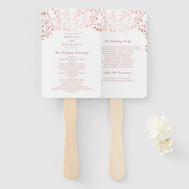 Elegant Rose Gold and White Wedding Program Hand Fan (Front and Back)