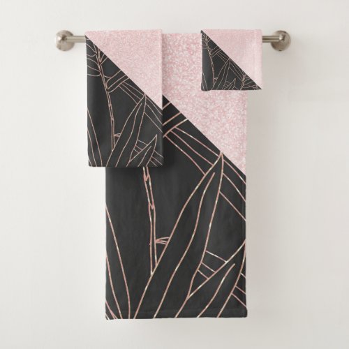 Elegant rose gold bamboo foliage pink design bath towel set