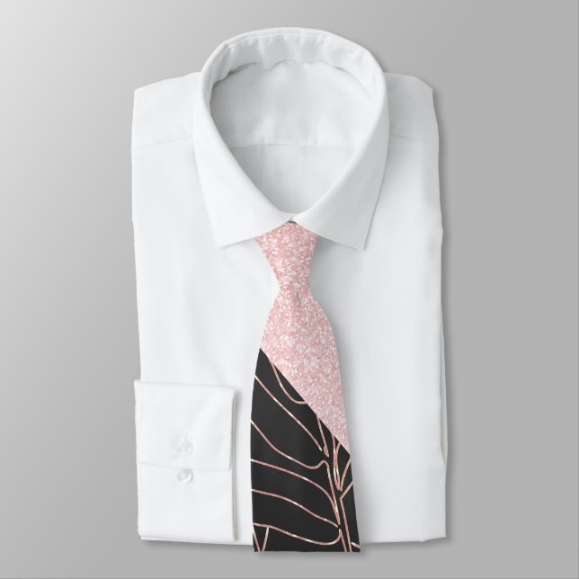 Elegant rose gold bamboo foliage pink design neck tie (Tied)