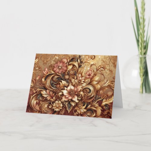 Elegant Rose Gold Baroque Floral Note Card