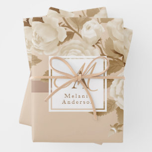 Elegant Rose Gold Beige Monogram Wrapping Paper Sheets