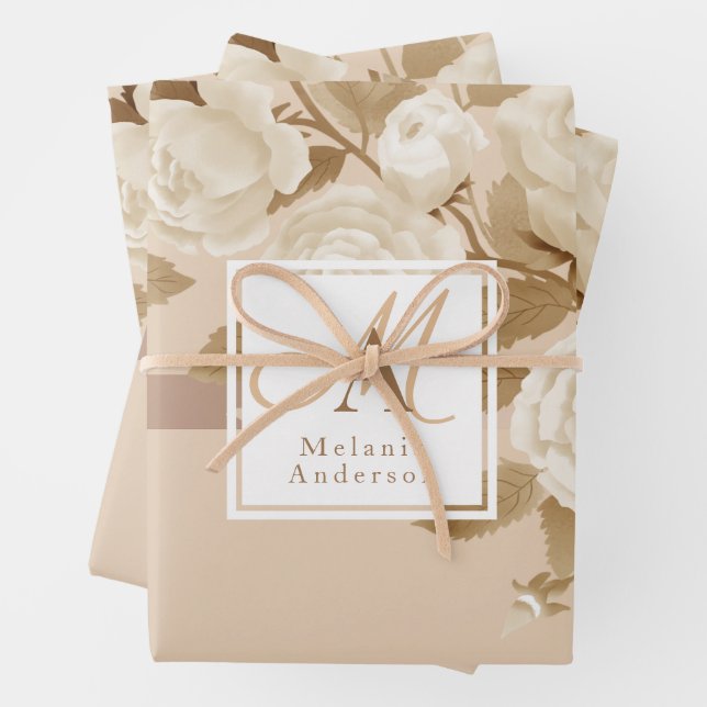 Elegant Rose Gold Beige Monogram Wrapping Paper Sheets (In situ)