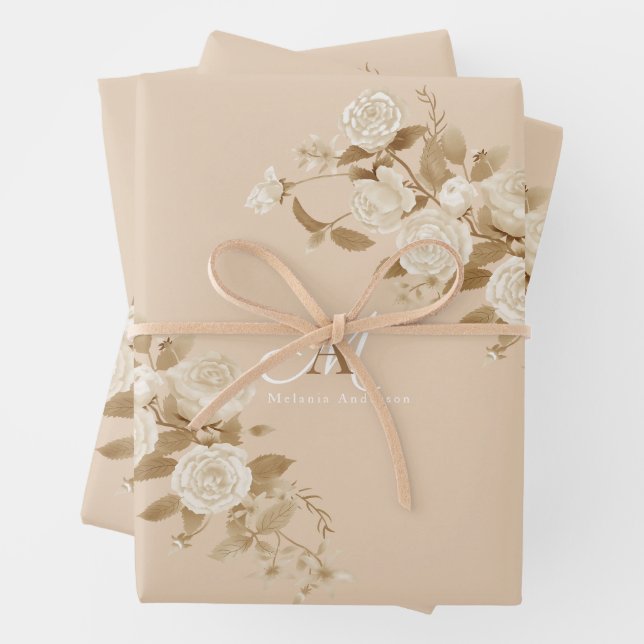 Elegant Rose Gold Beige Monogram Wrapping Paper Sheets (In situ)
