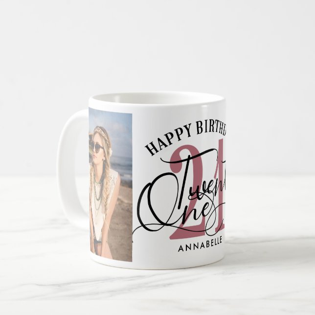 Elegant Rose Gold & Black 21st Birthday Photo  Coffee Mug (Front Left)