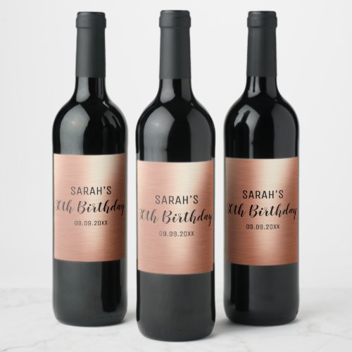 Elegant Rose Gold Black Any Age 30 Birthday Party Wine Label