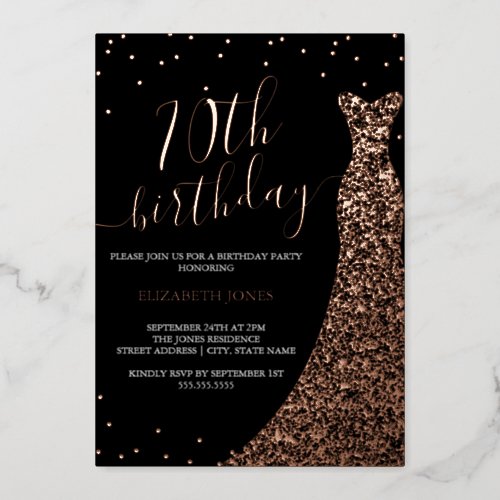 Elegant Rose Gold Black Calligraphy Dress 70th  Foil Invitation