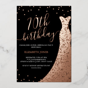Elegant Rose Gold Black Calligraphy Dress 70th Foil Invitation