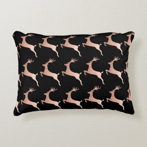 Elegant Rose Gold Black Christmas Reindeer Pattern Accent Pillow