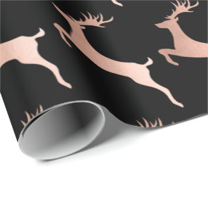 Elegant Rose Gold Black Christmas Reindeer Pattern Wrapping Paper