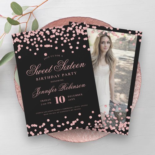 Elegant Rose Gold Black Confetti Photo Sweet 16   Invitation