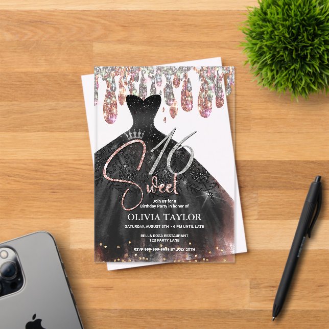 Elegant rose gold black dress sweet 16 monogram acrylic invitations | Zazzle