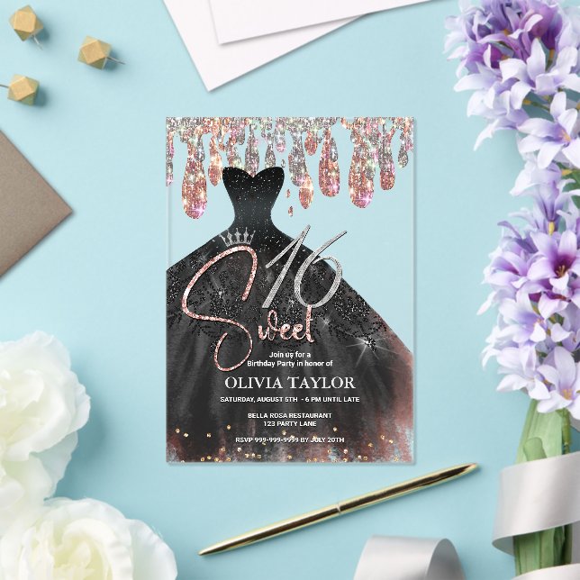 Elegant rose gold black dress sweet 16 monogram acrylic invitations | Zazzle Elegant rose gold black dress sweet 16 monogram acrylic invitations | Zazzle