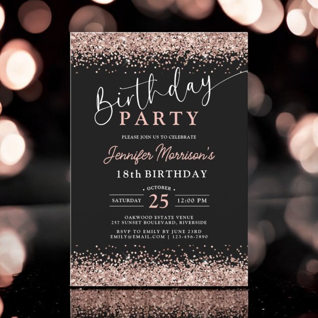 Elegant Rose Gold Black Glitter 18th Birthday Invitation (Creator Uploaded)