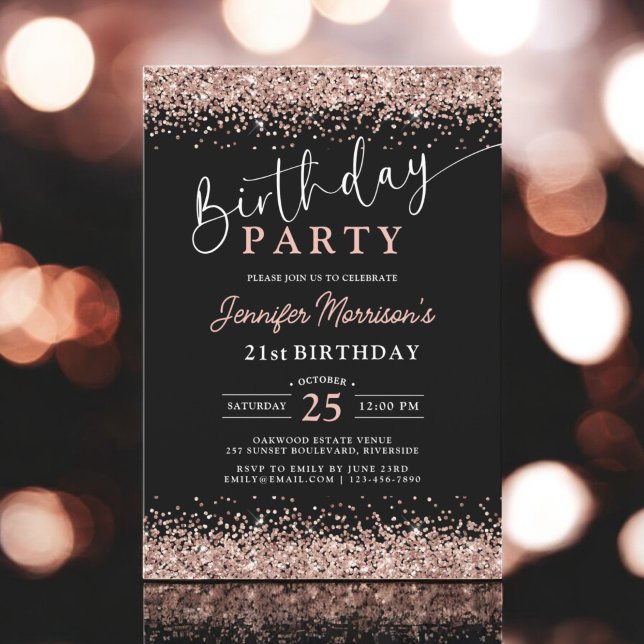 Elegant Rose Gold Black Glitter 21st Birthday Invitation (Creator Uploaded)