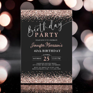 Elegant Rose Gold Black Glitter 40th Birthday Invitation