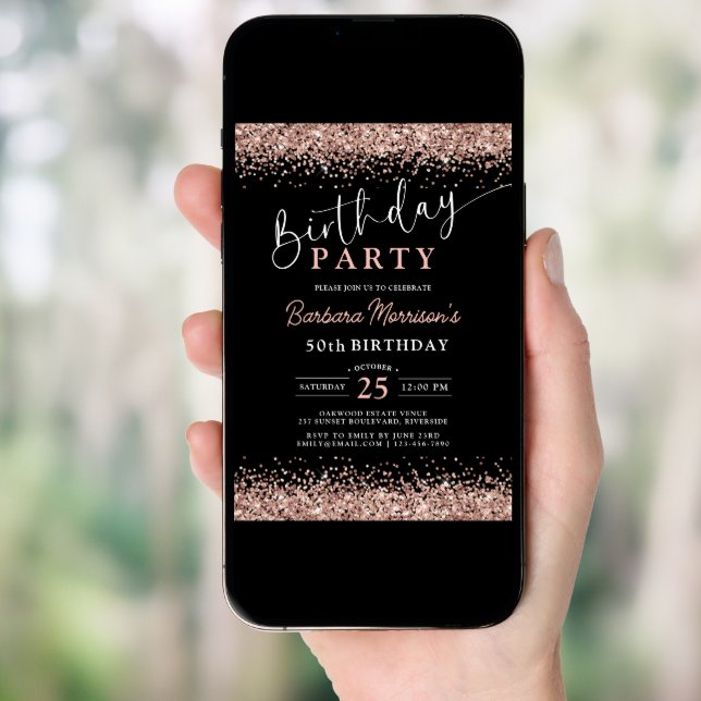 Elegant Rose Gold Black Glitter 50th Birthday Invitation (Front Digital)