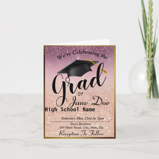 Elegant Rose Gold & Black Glitter Graduation Invitation (Front)