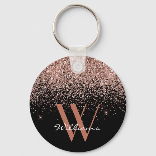 Elegant Rose Gold Black Glitter Monogram Name Keychain