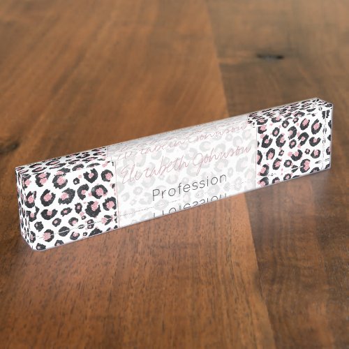 Elegant Rose Gold Black Leopard Pattern Desk Name Plate