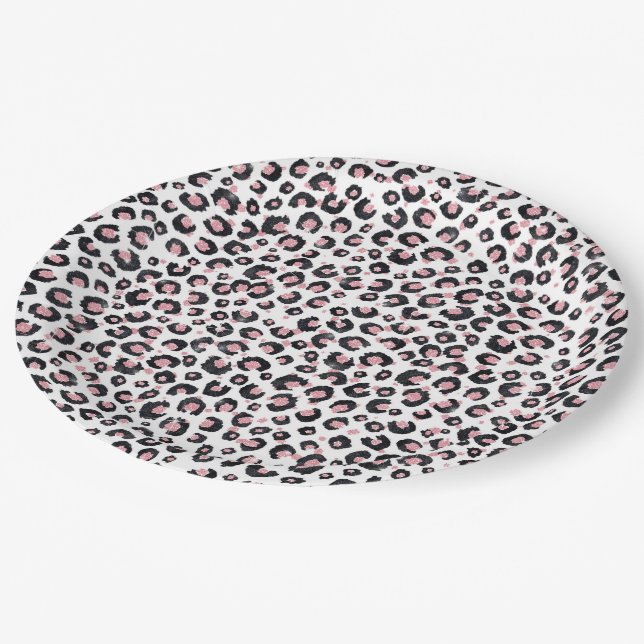 Elegant Rose Gold Black Leopard Pattern Paper Plates (Angled)