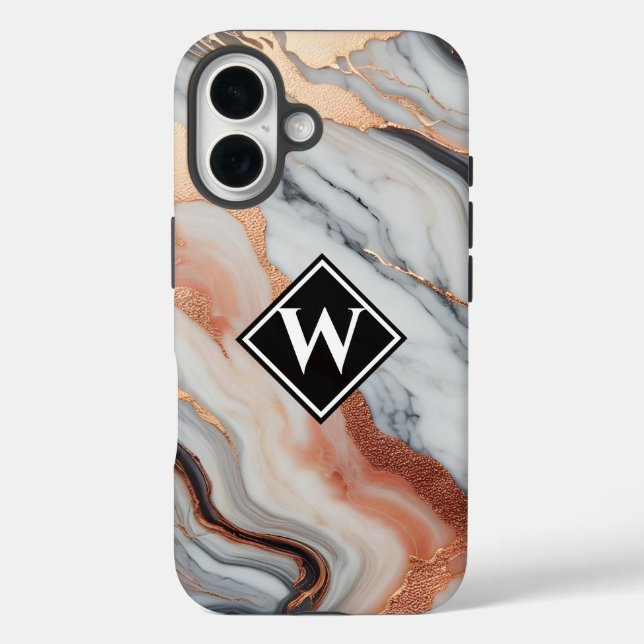 Elegant Rose Gold Black Marble Monogram Case-Mate iPhone Case (Back)