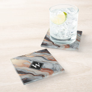 Elegant Rose Gold Black Marble Monogram Glass Coaster