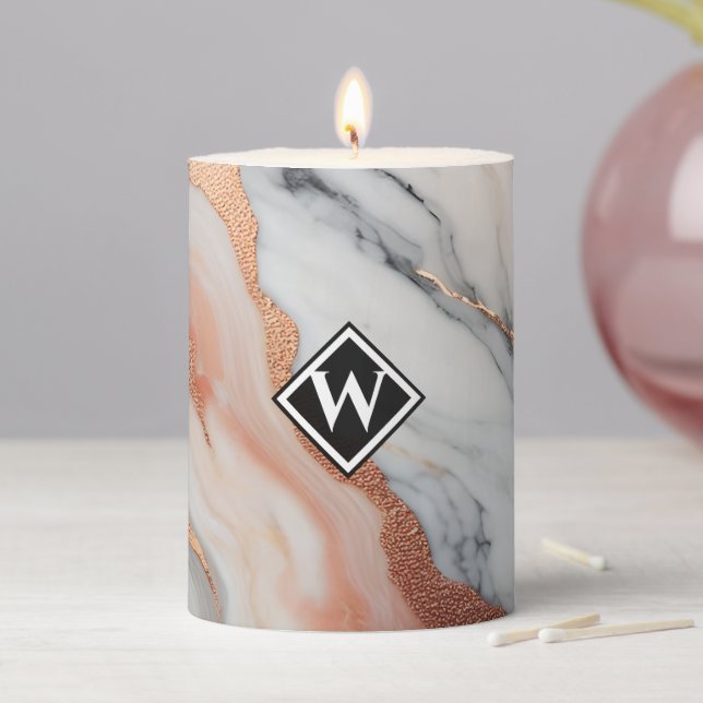 Elegant Rose Gold Black Marble Monogram Pillar Candle (In Situ)