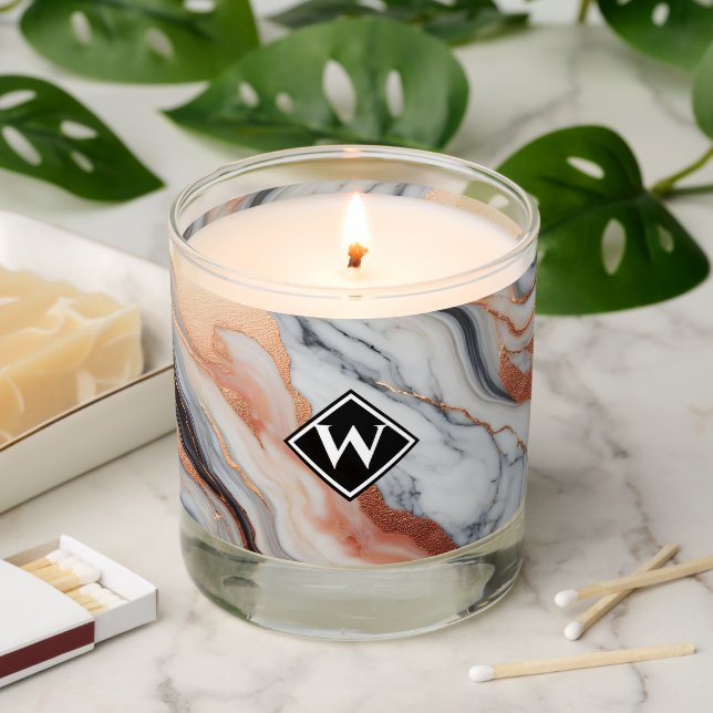 Elegant Rose Gold Black Marble Monogram Scented Candle (Lit)