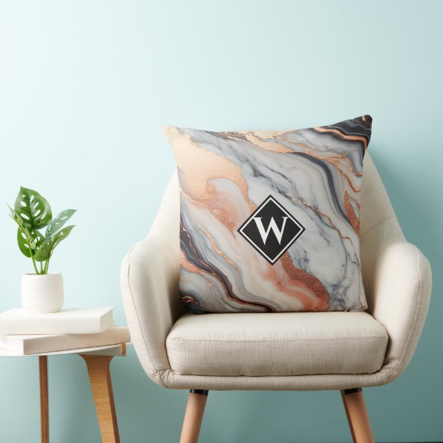 Elegant Rose Gold Black Marble Monogram Throw Pillow (Chair)