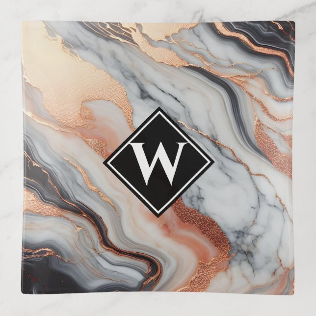 Elegant Rose Gold Black Marble Monogram Trinket Tray (Front)