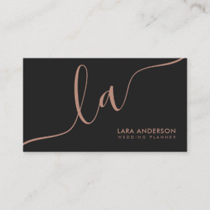 Elegant rose gold black modern monogram initials business card
