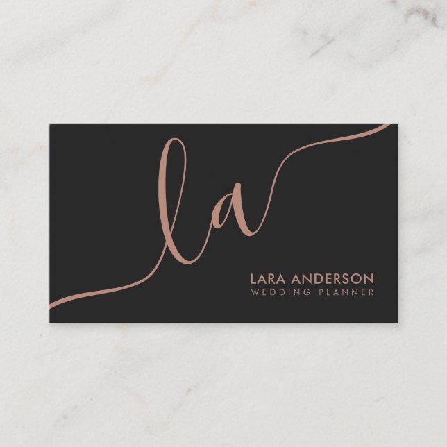 Elegant rose gold black modern monogram initials business card (Front)