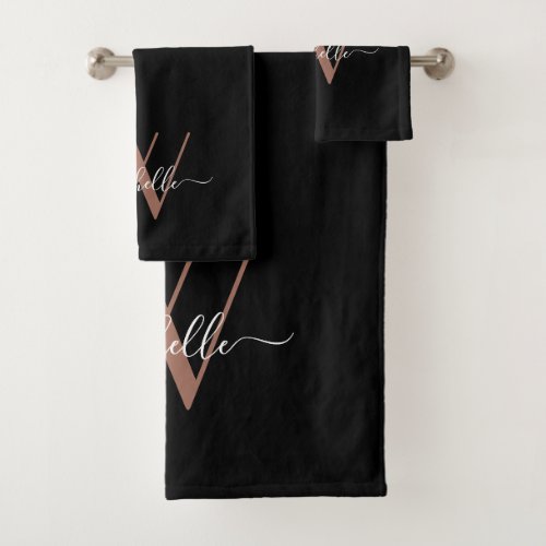 Elegant Rose Gold Black Monogram Name Script Bath Towel Set