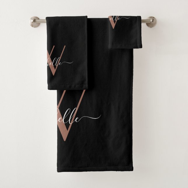 Elegant Rose Gold Black Monogram Name Script Bath Towel Set (Insitu)