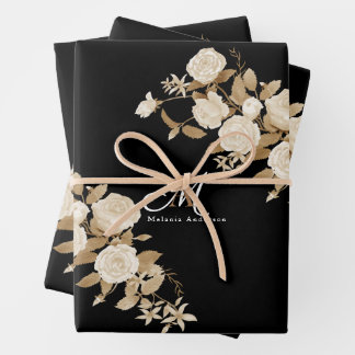Elegant Rose Gold Black Monogram Wrapping Paper Sheets