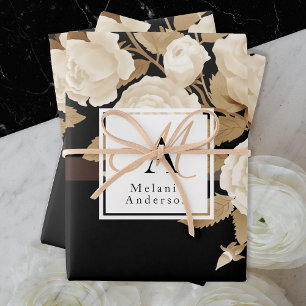 Elegant Rose Gold Black Monogram Wrapping Paper Sheets