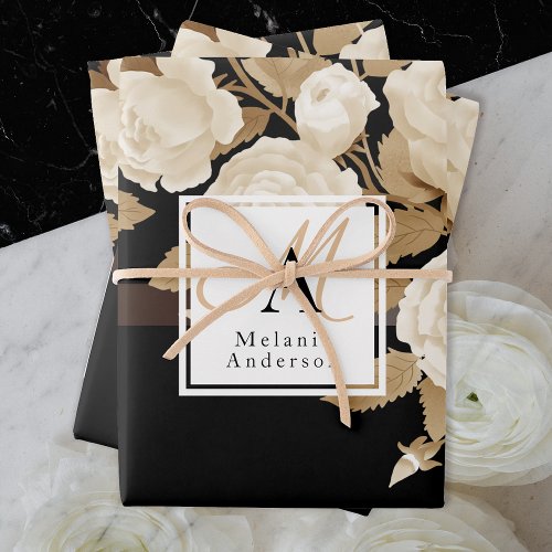 Elegant Rose Gold Black Monogram Wrapping Paper Sheets