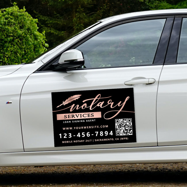 Elegant Rose Gold & Black Notary Services QR Code Car Magnet