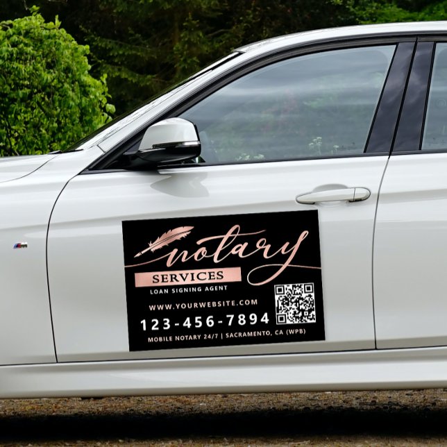 Elegant Rose Gold & Black Notary Services QR Code Car Magnet (Creator Uploaded)