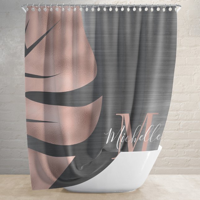 Elegant Rose Gold Black Palm Leaf Monogram Shower Curtain (Creator Uploaded)