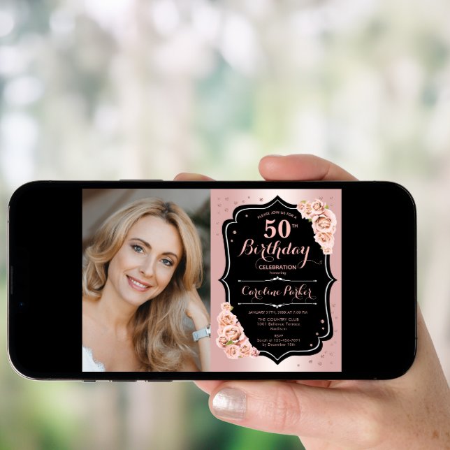 Elegant Rose Gold Black Photo 50th Birthday Invitation (Front Digital)