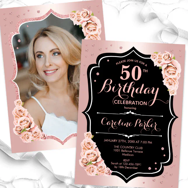 Elegant Rose Gold Black Photo 50th Birthday Invitation Zazzle