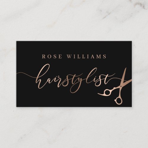 Elegant rose gold  black scissors hairstylist business card