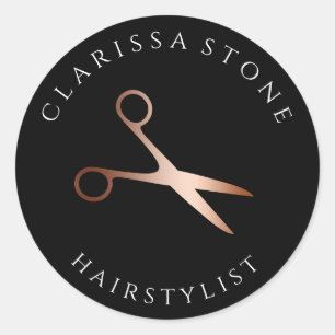 Elegant rose gold & black scissors hairstylist classic round sticker