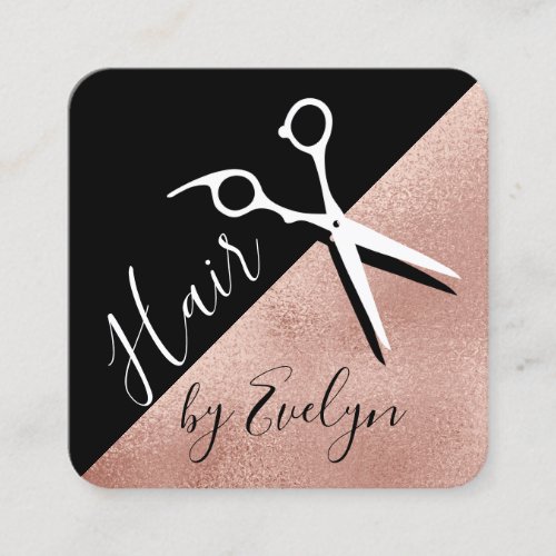 Elegant rose gold black scissors hairstylist square business card