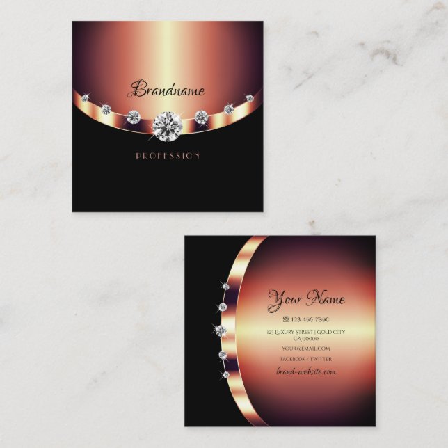 Elegant Rose Gold Black Sparkling Jewels Diamonds Square Business Card (Front/Back)