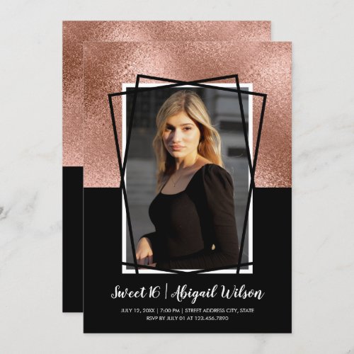 Elegant rose gold black sweet sixteen birthday invitation